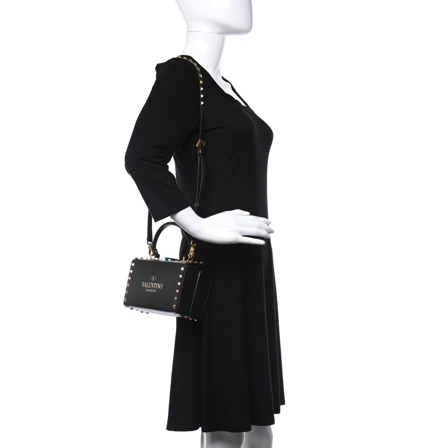 Grainy Calfskin Rockstud Alcove Box Top-Handle Bag Black