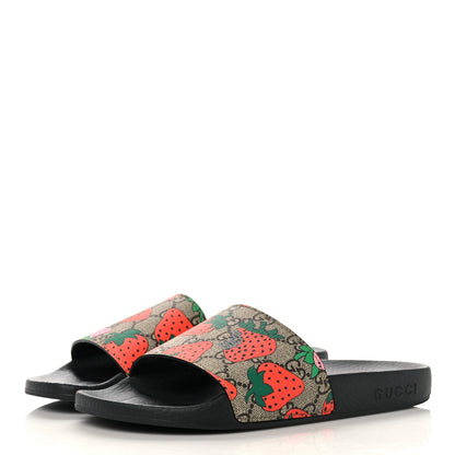 Gucci GG Supreme Monogram Strawberry Slide Sandals 37 Beige Multicolor 3 of 9