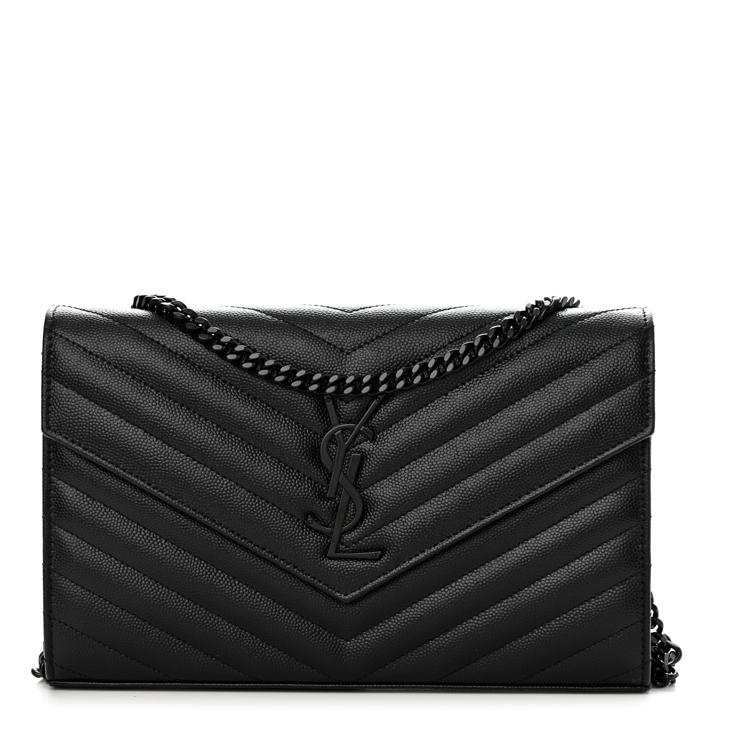 Saint Laurent Grain De Poudre Matelasse Chevron Monogram Monochrome Chain Wallet Black 1 of 11