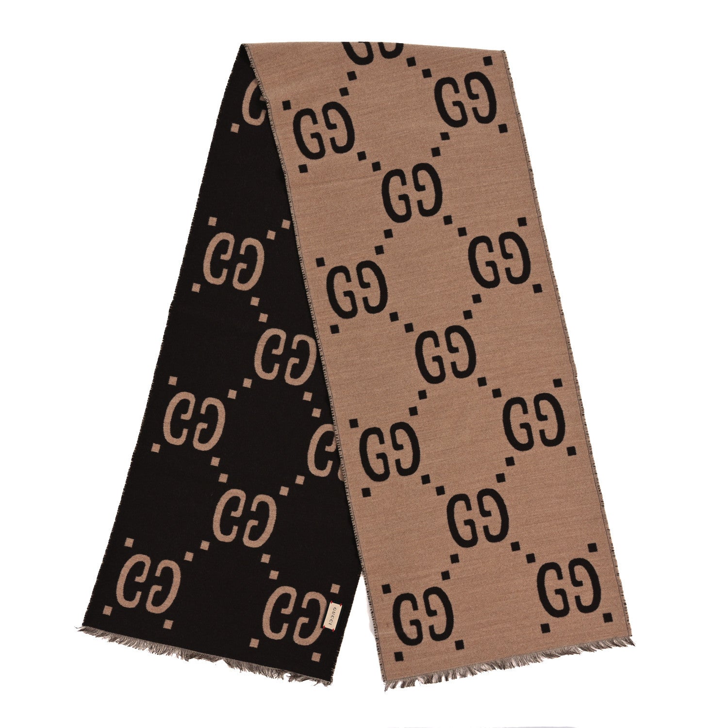 Gucci Wool Silk Monogram Jumbo GG Freedom Scarf Dark Brown Beige 2 of 3