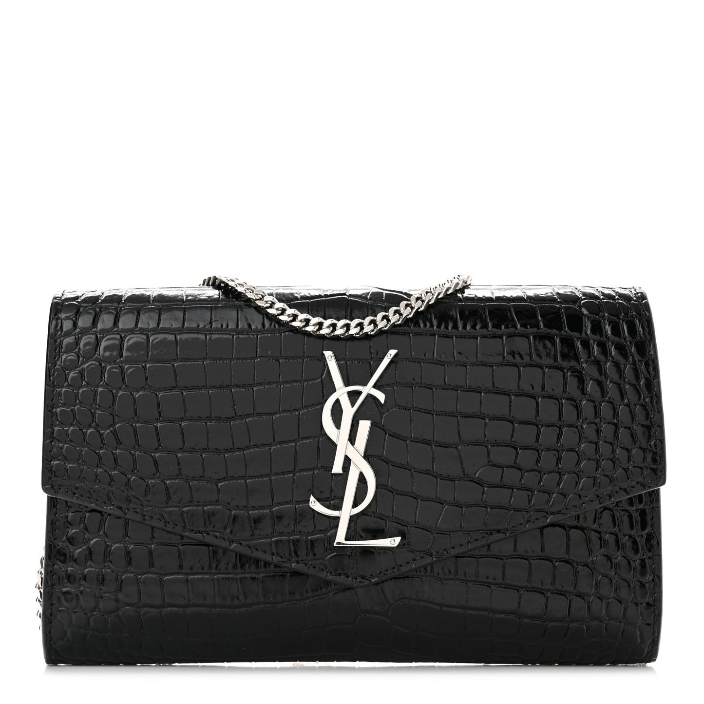 Calfskin Crocodile Embossed Monogram Uptown Chain Wallet Black