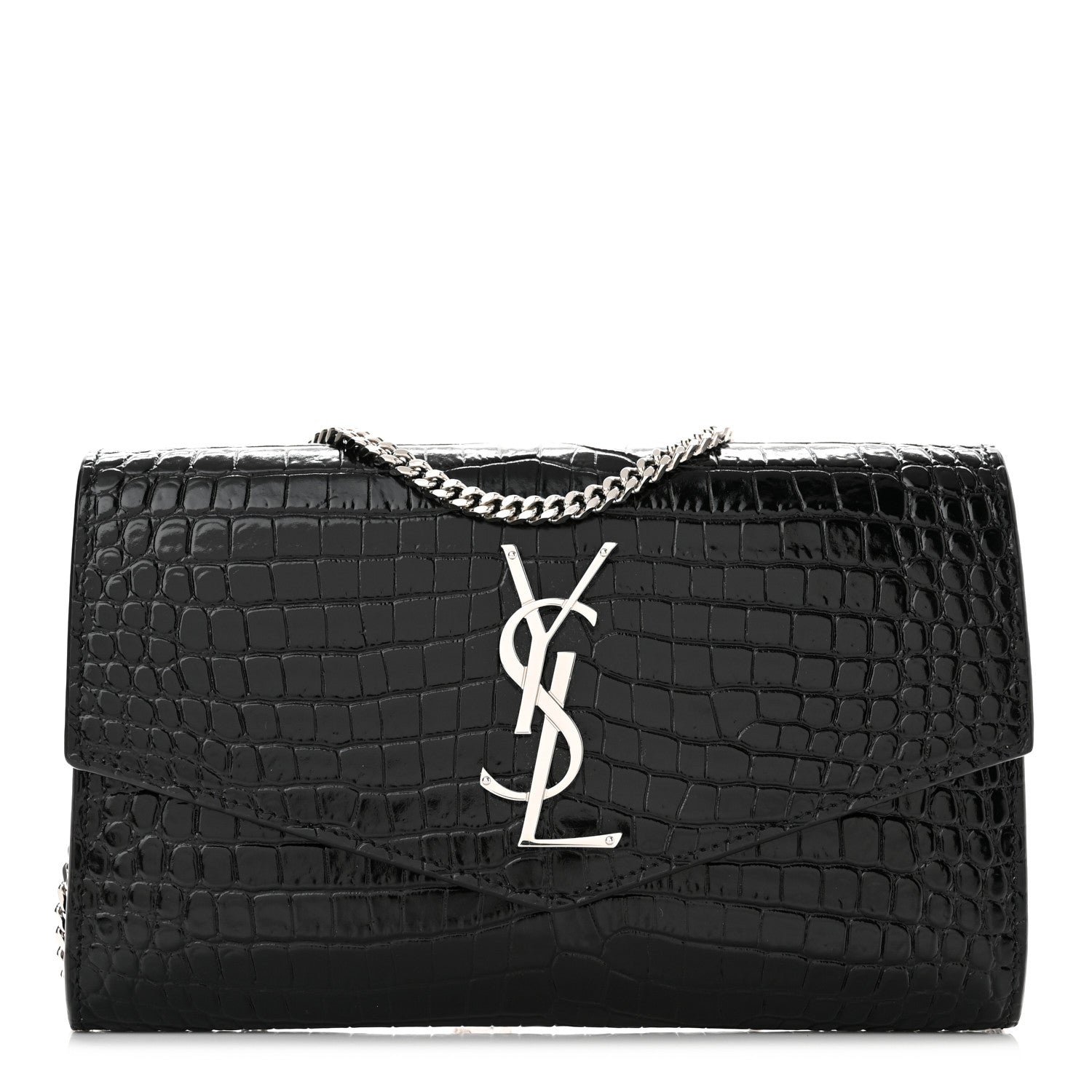 Saint Laurent Calfskin Crocodile Embossed Monogram Uptown Chain Wallet Black 2 of 11