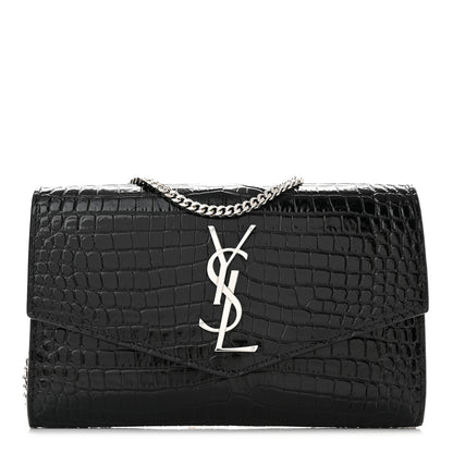 Saint Laurent Calfskin Crocodile Embossed Monogram Uptown Chain Wallet Black 2 of 11