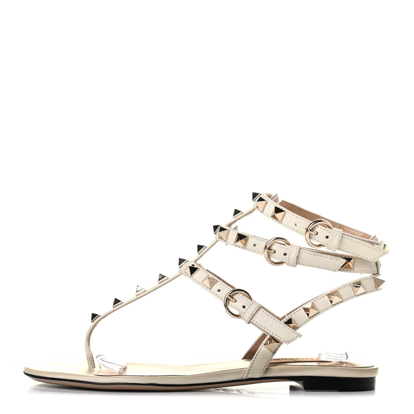 Nappa Rockstud Ankle Wrap Flat Thong Sandals 35 Ivory