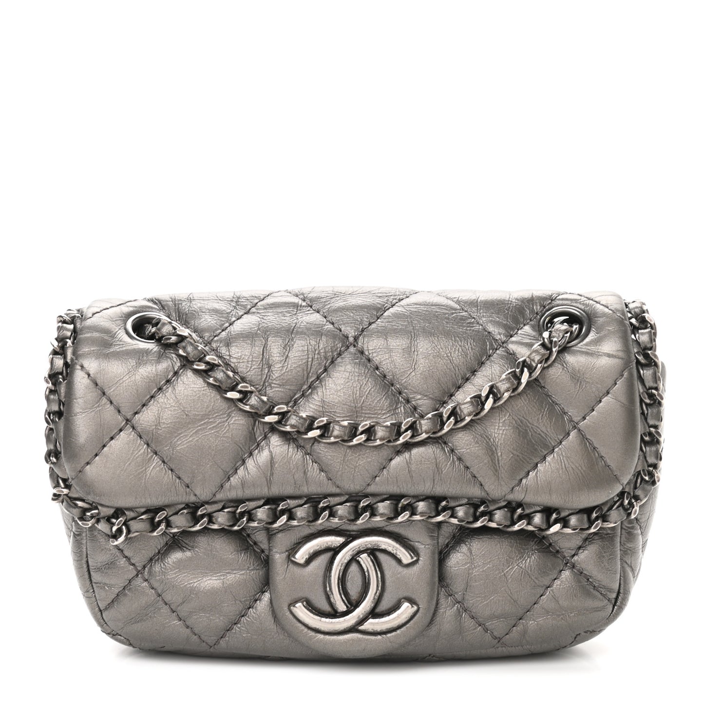 Metallic Calfskin Mini Chain Me Flap Silver