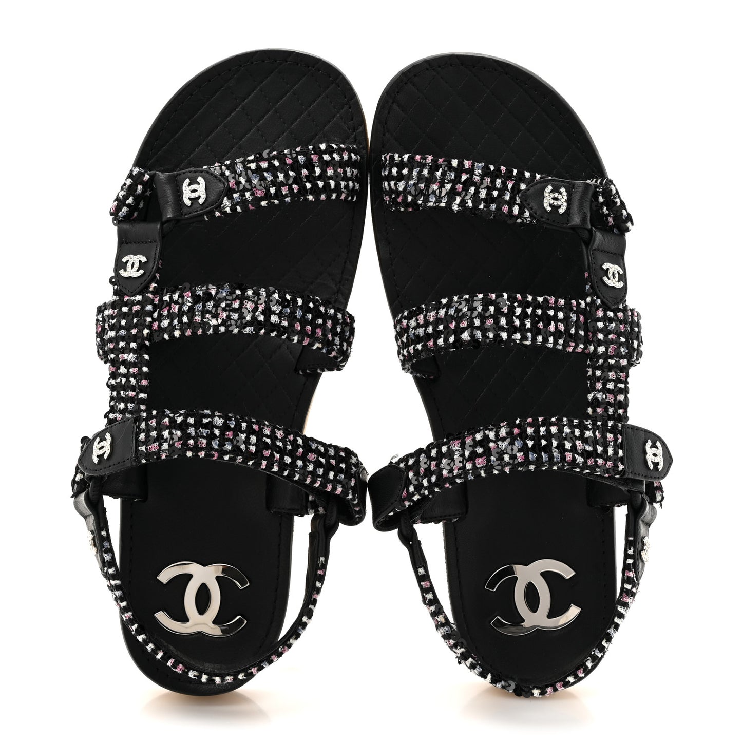 Glittered Tweed Lambskin Dad Sandals 39 Black White
