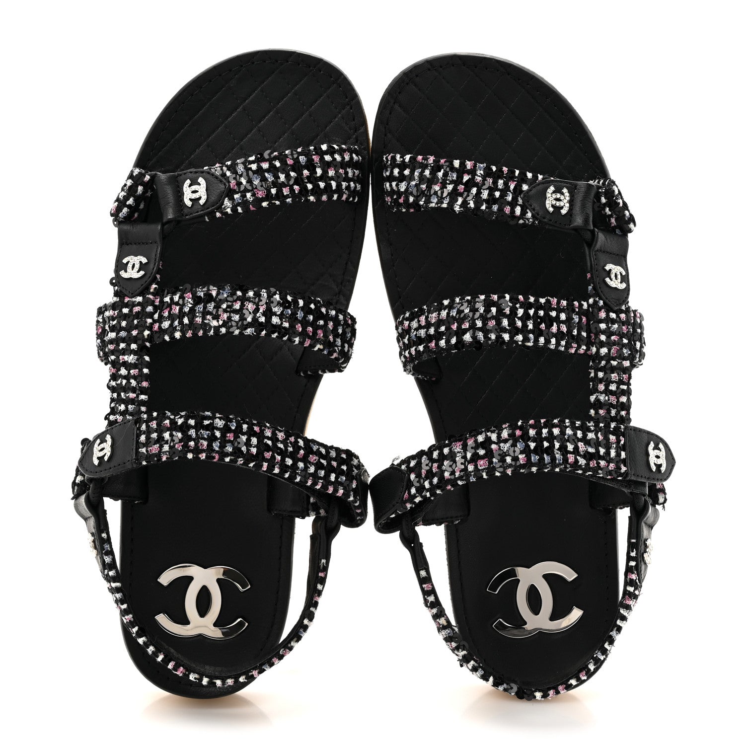 Chanel Glittered Tweed Lambskin Dad Sandals 39 Black White 3 of 9