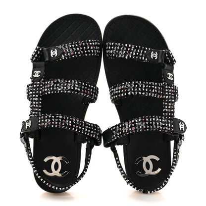 Chanel Glittered Tweed Lambskin Dad Sandals 39 Black White 3 of 9