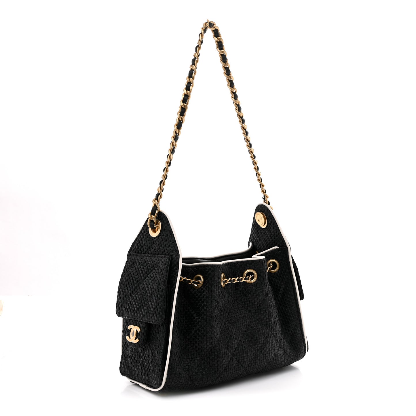 Braided Raffia Calfskin Mini Chanel 25 Handbag Black White