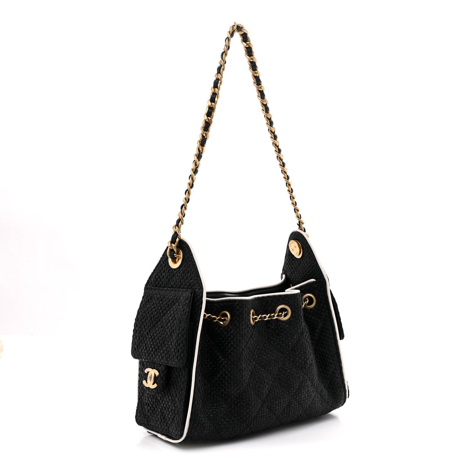 Chanel Braided Raffia Calfskin Mini Chanel 25 Handbag Black White 3 of 12