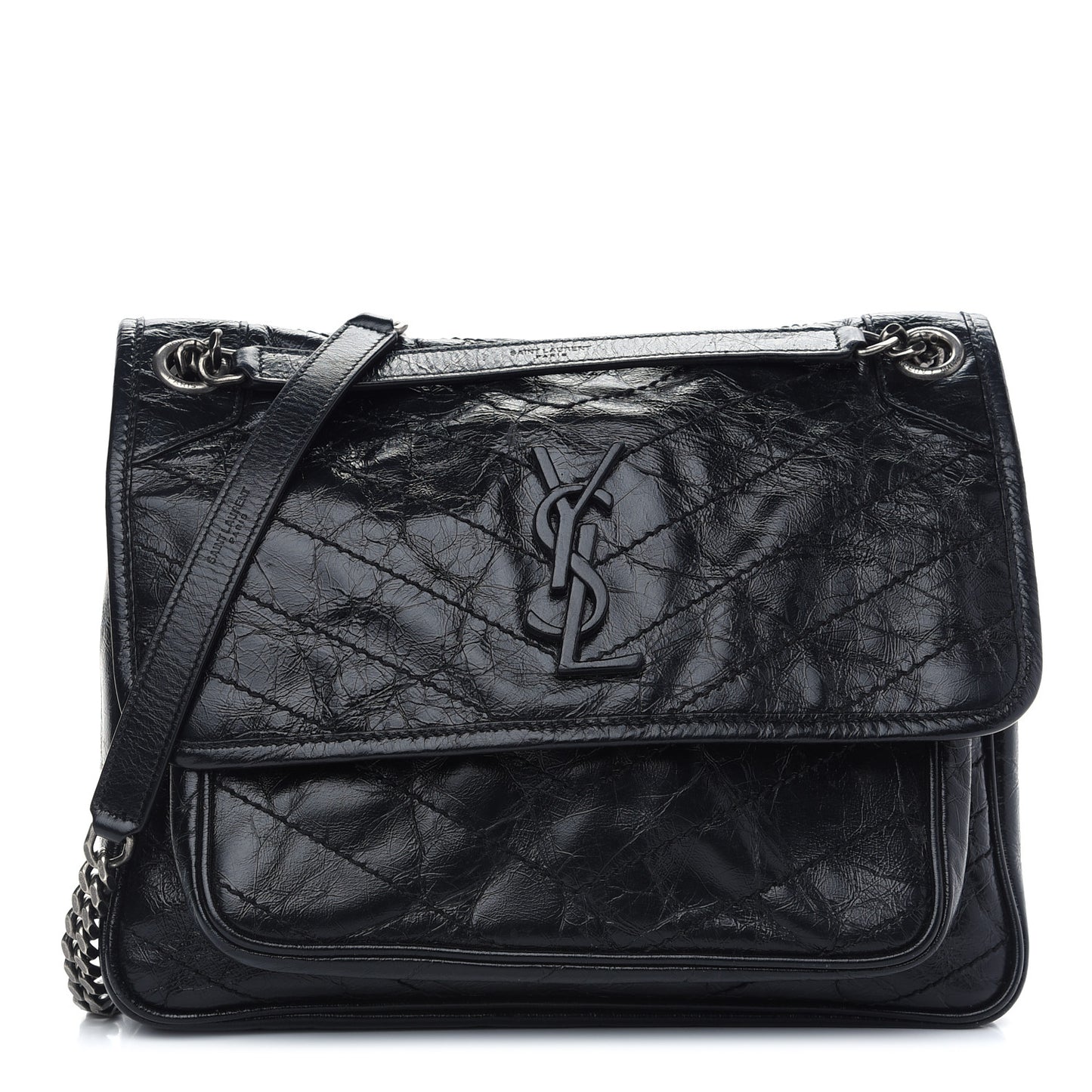Crinkled Calfskin Matelasse Monogram Medium Niki Chain Satchel Black