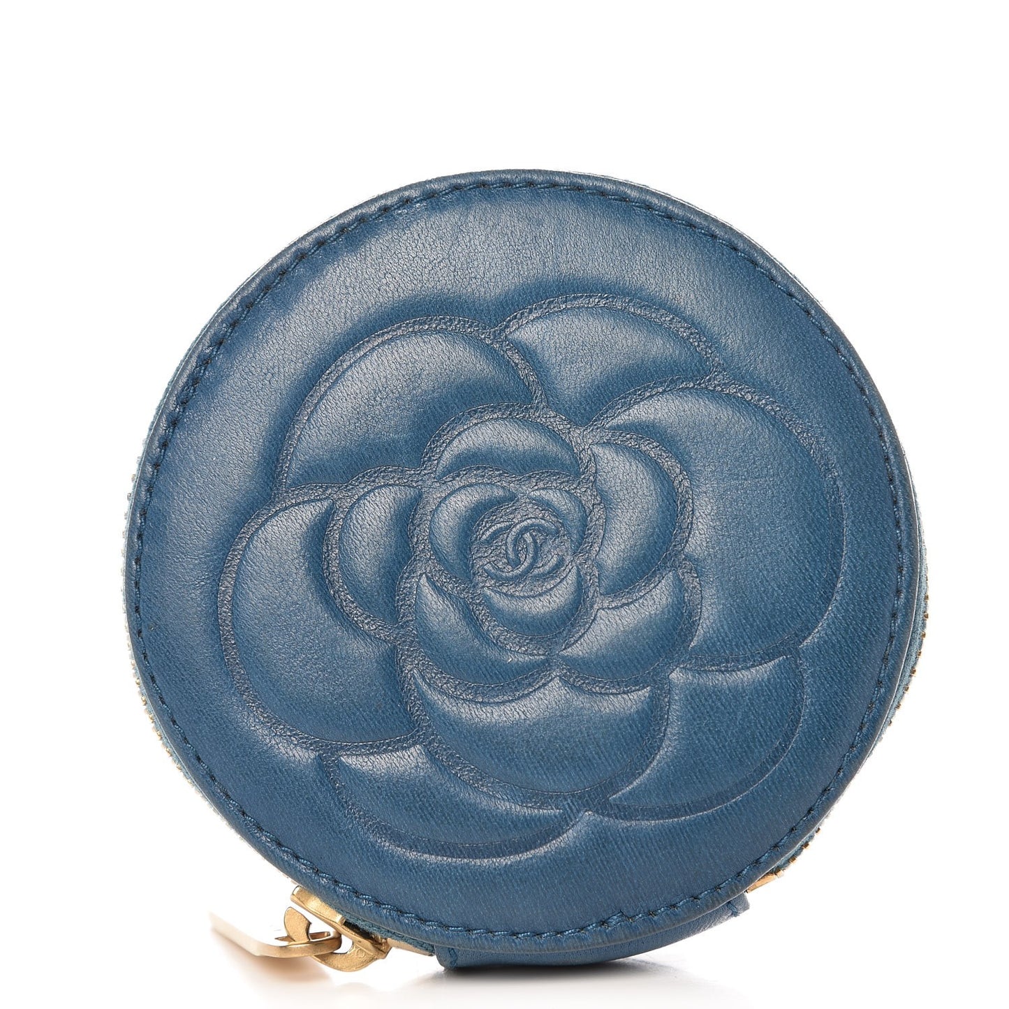 Lambskin Camellia Round CC Coin Purse Blue