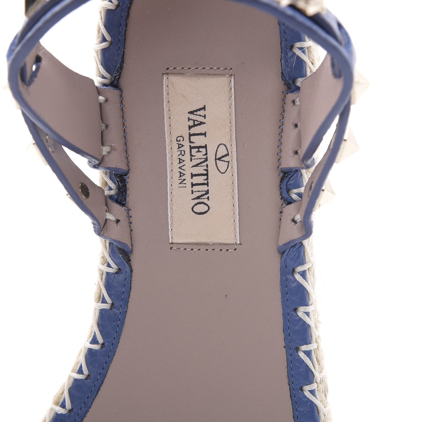 Grained Calfskin Rockstud Ankle Strap Espadrille Flat Sandals 36 Baltique