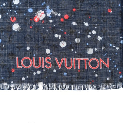 Louis Vuitton Wool Silk Monogram Paint Splatter Scarf Blue Multicolor 2 of 3