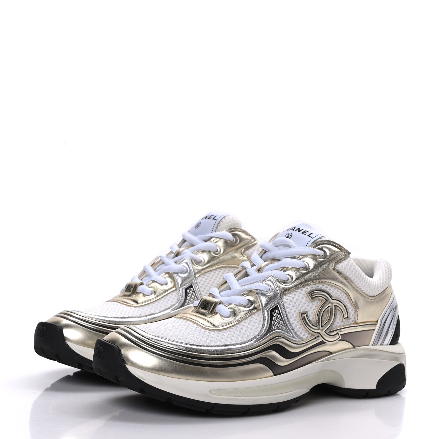 Chanel Fabric Laminated Calfskin Stretch CC Sneakers 39 White Gold