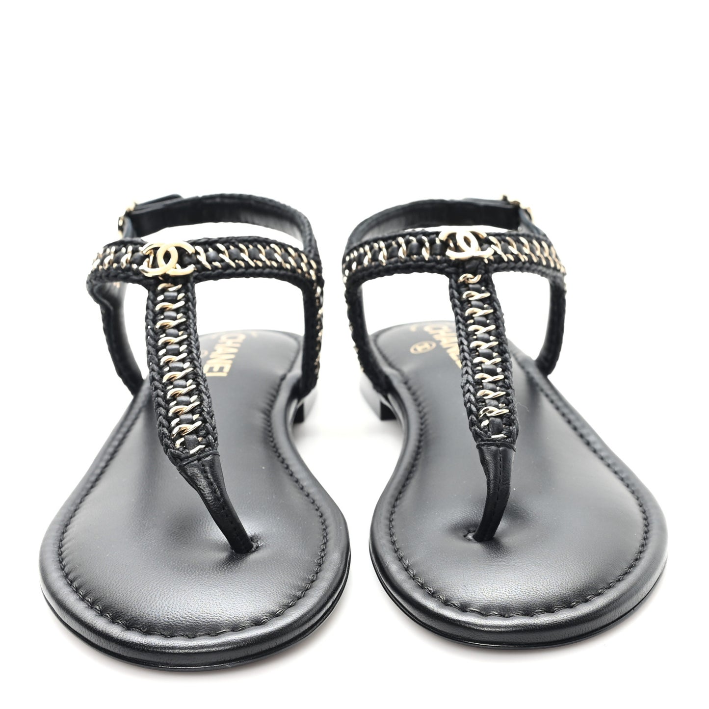 Lambskin Embroidered CC Thong Sandals 39.5 Black