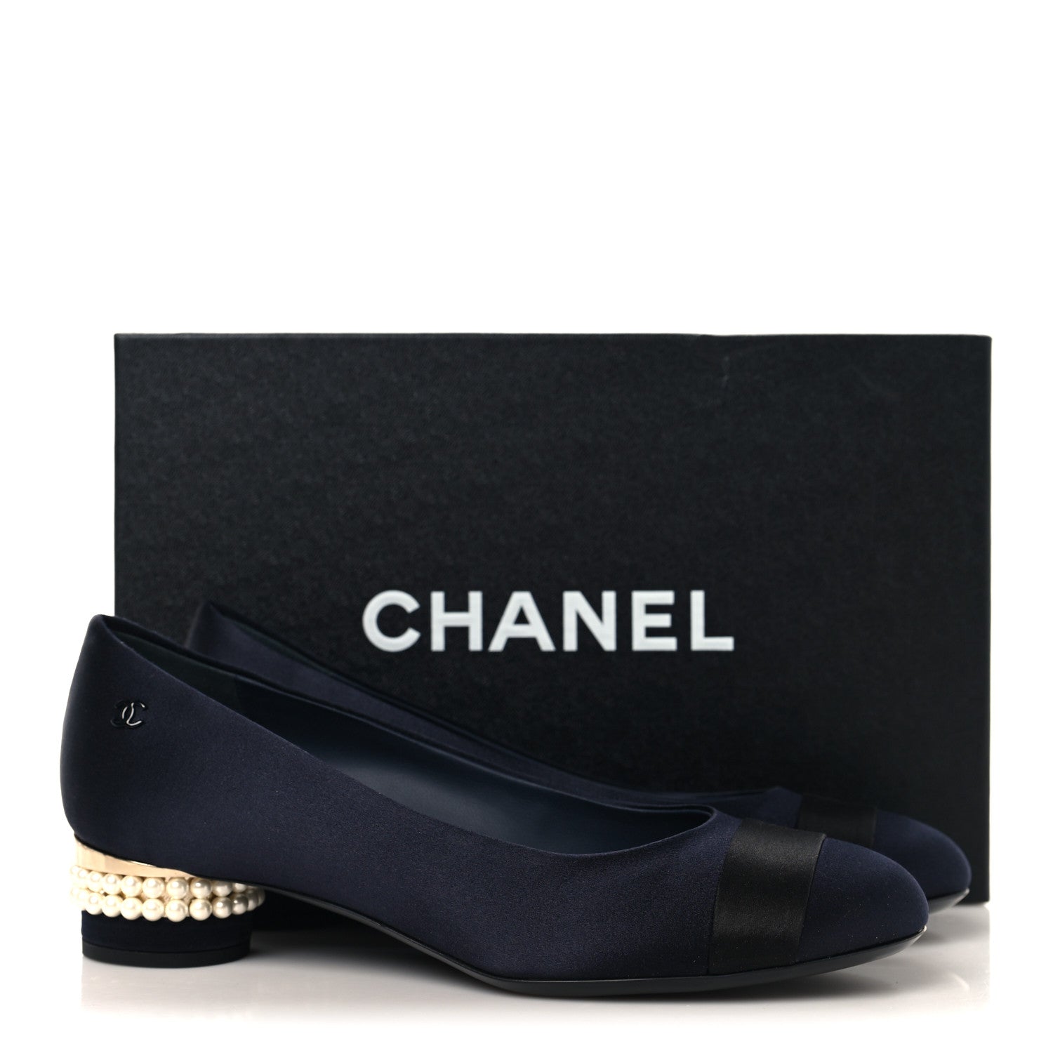 Chanel Satin Pearl Cap Toe Low Heel Pumps 38 Navy Blue Black 10 of 10