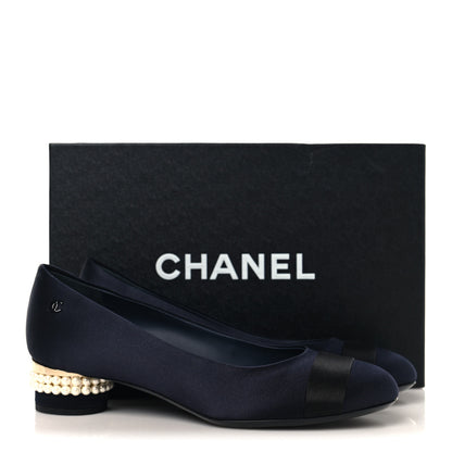 Chanel Satin Pearl Cap Toe Low Heel Pumps 38 Navy Blue Black 10 of 10