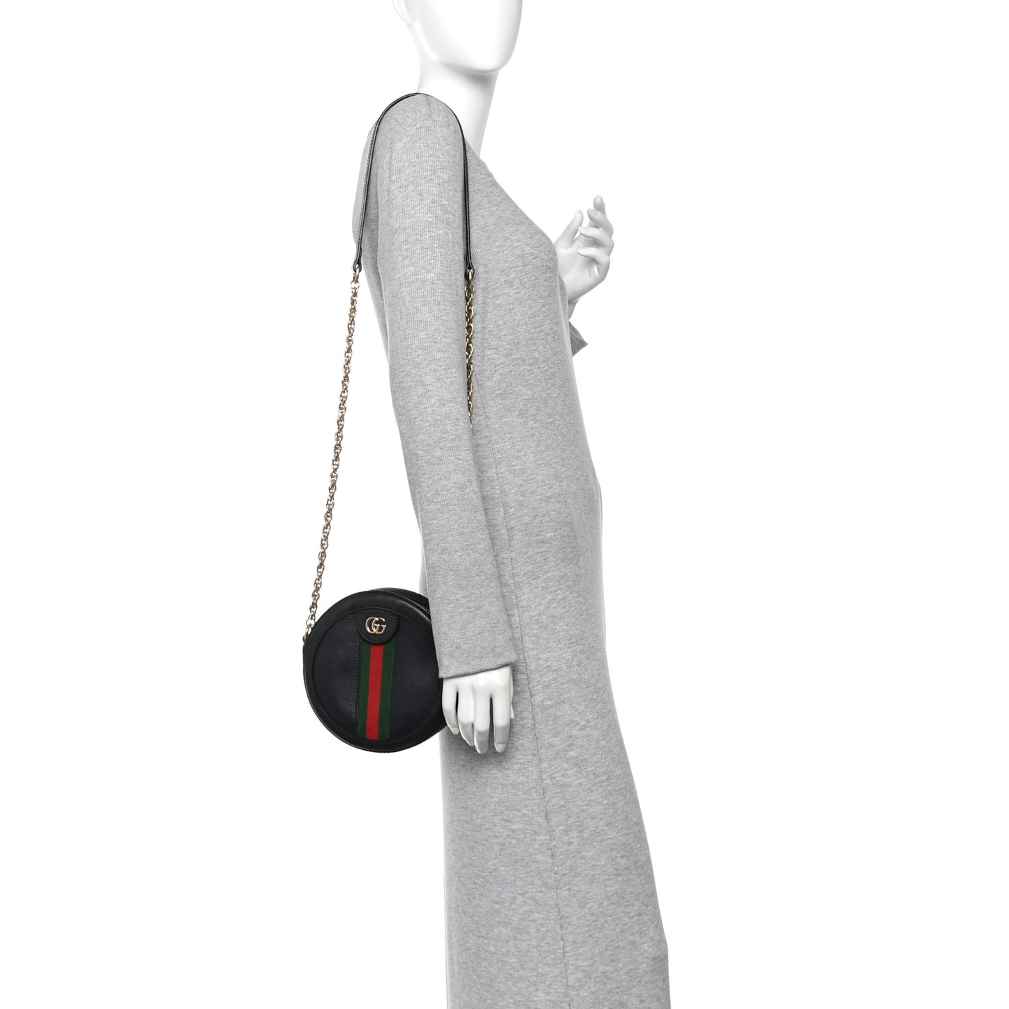 Grained Calfskin Web Mini Ophidia Round Shoulder Bag Black