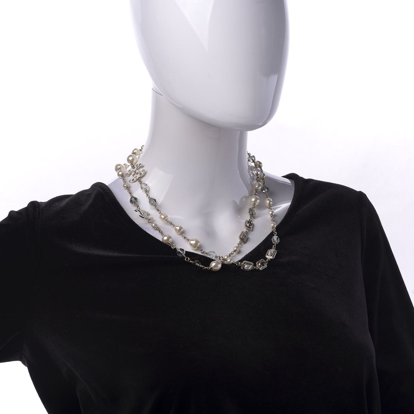 Pearl Beaded Crystal Resin CC Long Necklace Light Gold Multicolor