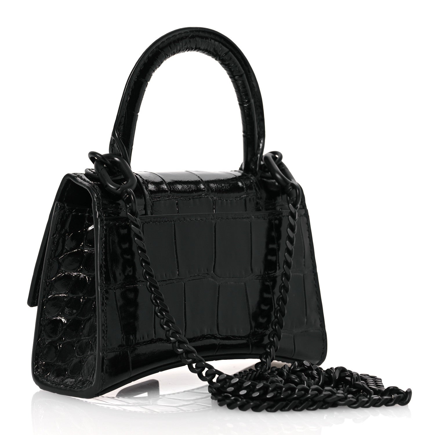 Balenciaga Shiny Calfskin Monochrome Crocodile Embossed Hourglass Top Handle Bag Mini with Chain Black 3 of 12