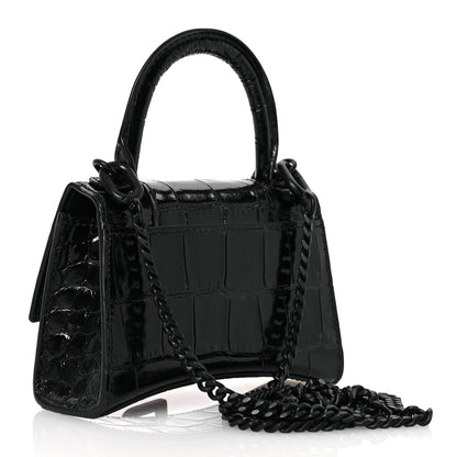 Balenciaga Shiny Calfskin Monochrome Crocodile Embossed Hourglass Top Handle Bag Mini with Chain Black 3 of 12