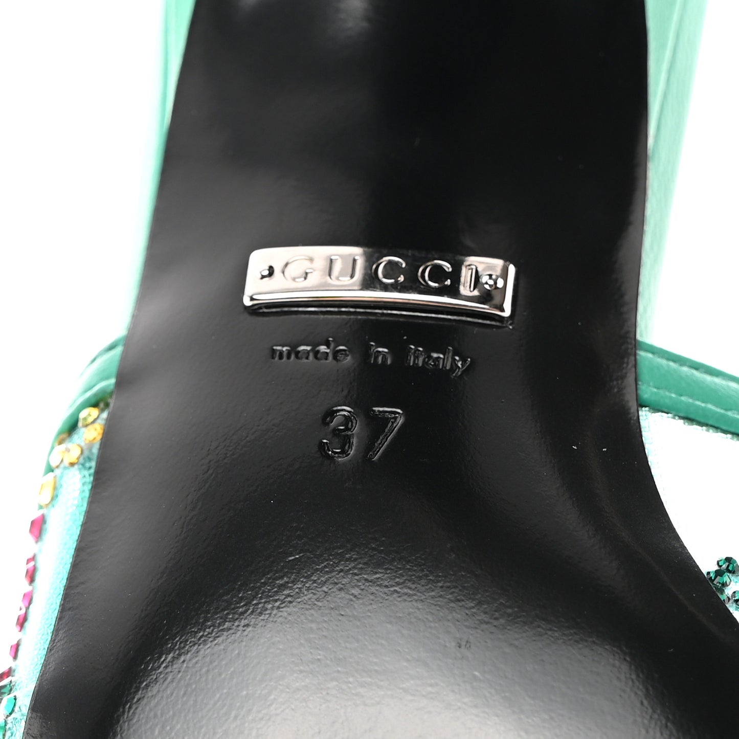 Tela Retino Nappa Crystal GG Monogram Square G 95mm Slide Sandals 37 Turquoise