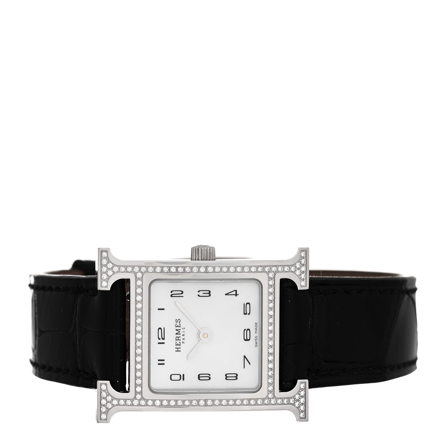 Hermes Stainless Steel Alligator Diamond Bezel Mother of Pearl 21mm Heure H Hour Quartz Watch Noir 2 of 5