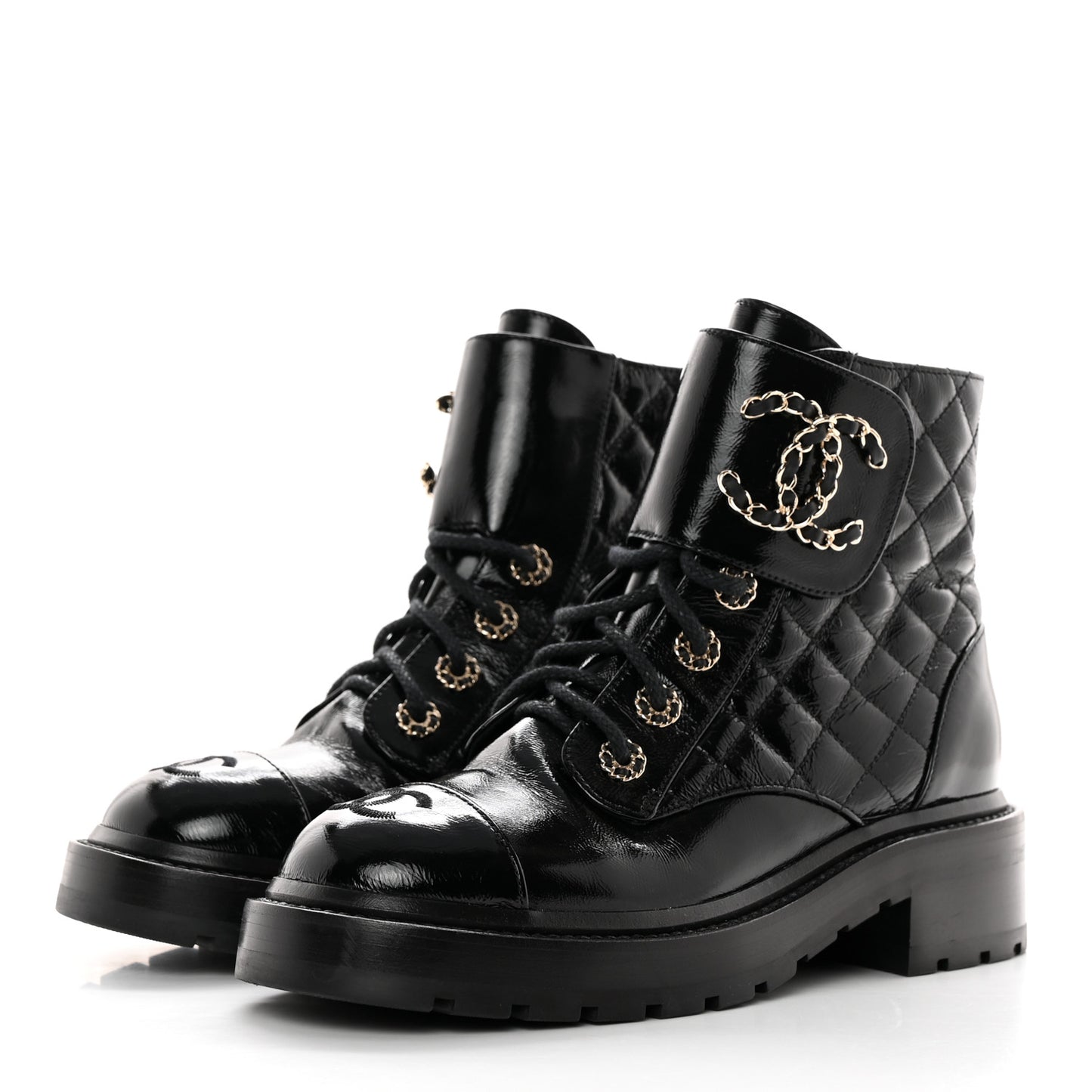 Shiny Calfskin Quilted Lace Up Combat Boots 36.5 Black