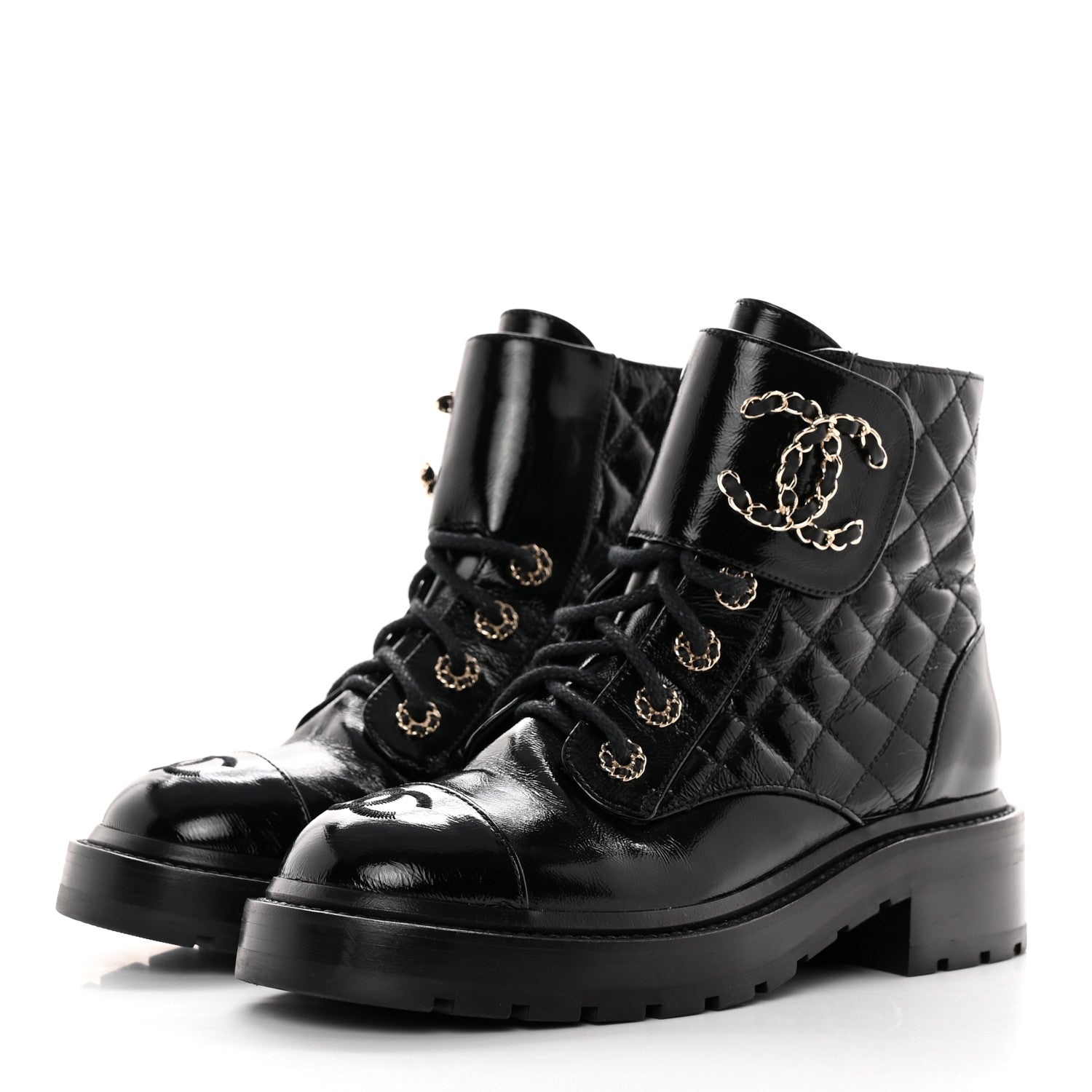 Chanel Shiny Calfskin Quilted Lace Up Combat Boots 36.5 Black 3 of 11