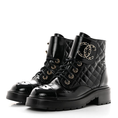 Chanel Shiny Calfskin Quilted Lace Up Combat Boots 36.5 Black 3 of 11