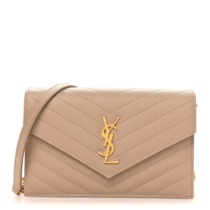 Saint Laurent Grain De Poudre Matelasse Chevron Monogram Envelope Chain Wallet Dark Beige 1 of 9