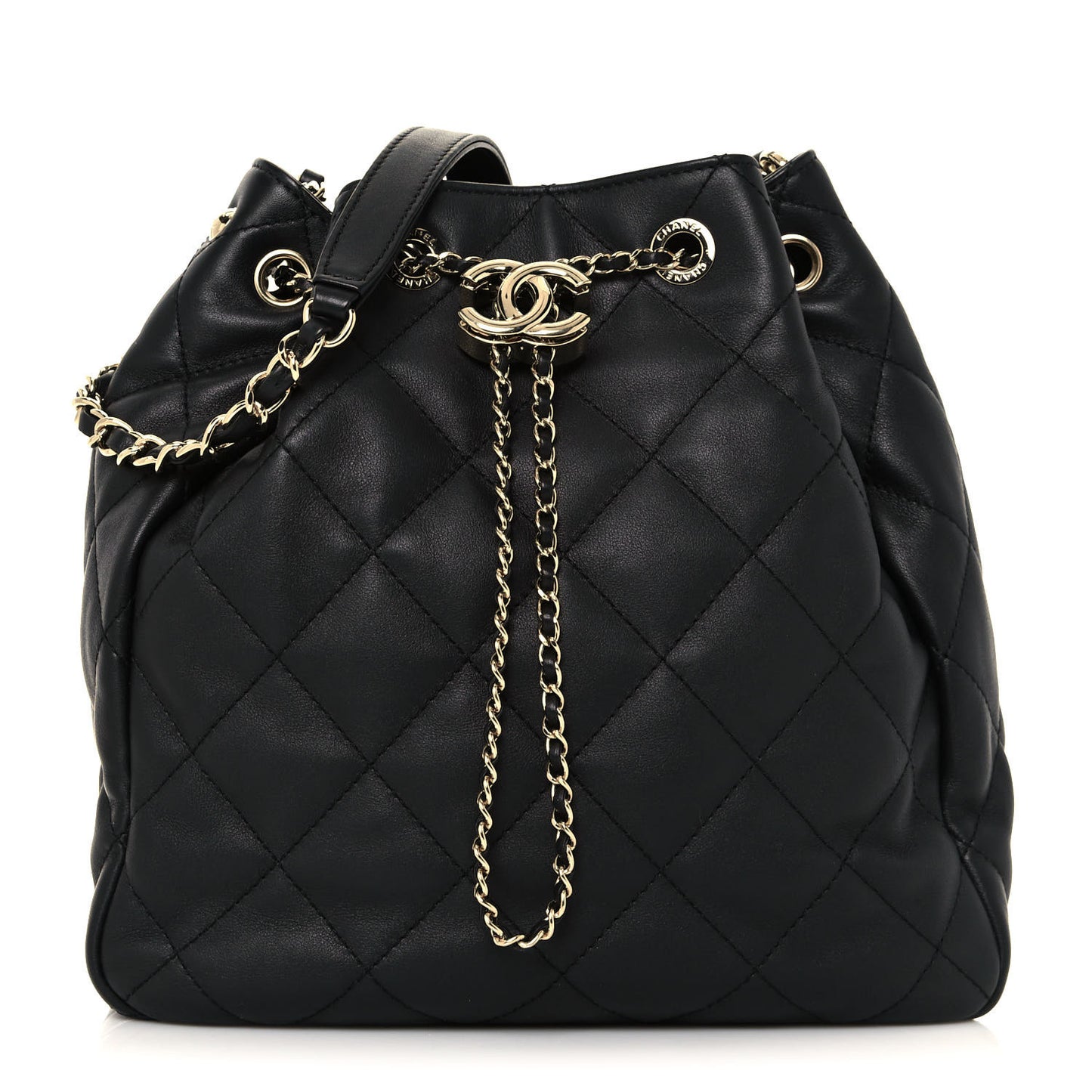 Lambskin Quilted Chain Drawstring Bag Black