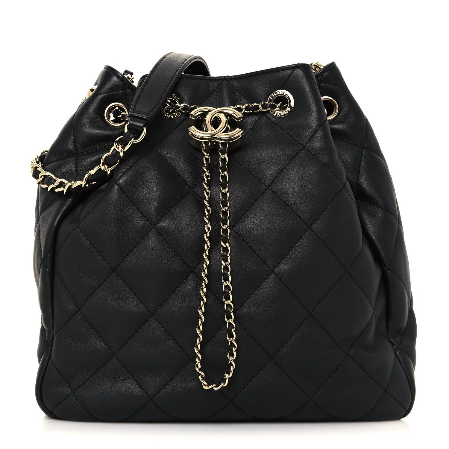 Chanel Lambskin Quilted Chain Drawstring Bag Black 1 of 12