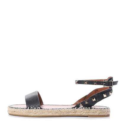 Valentino Garavani Grained Calfskin Rockstud Ankle Strap Espadrille Flat Sandals 40 Black 1 of 8