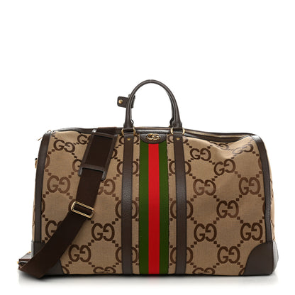 Gucci Monogram Jumbo GG Textured Dollar Calfskin Web Maxi Duffle Bag Camel Ebony 1 of 10