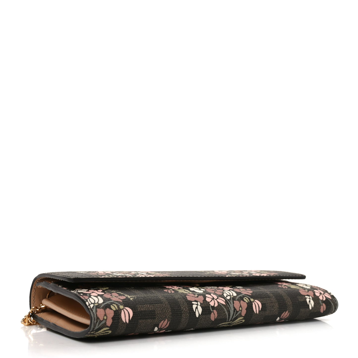 Fabric Jacquard FF 1974 Bouquet Print Continental Wallet On Chain Gold Tobacco Brown