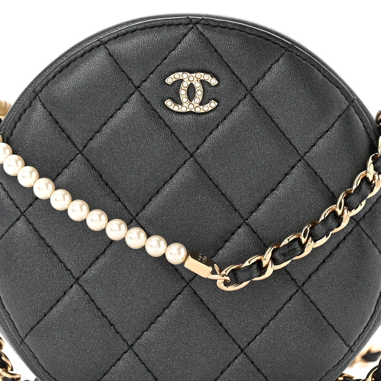 Chanel Iridescent Lambskin Quilted Pearl Round Clutch With Chain Black 8 of 10