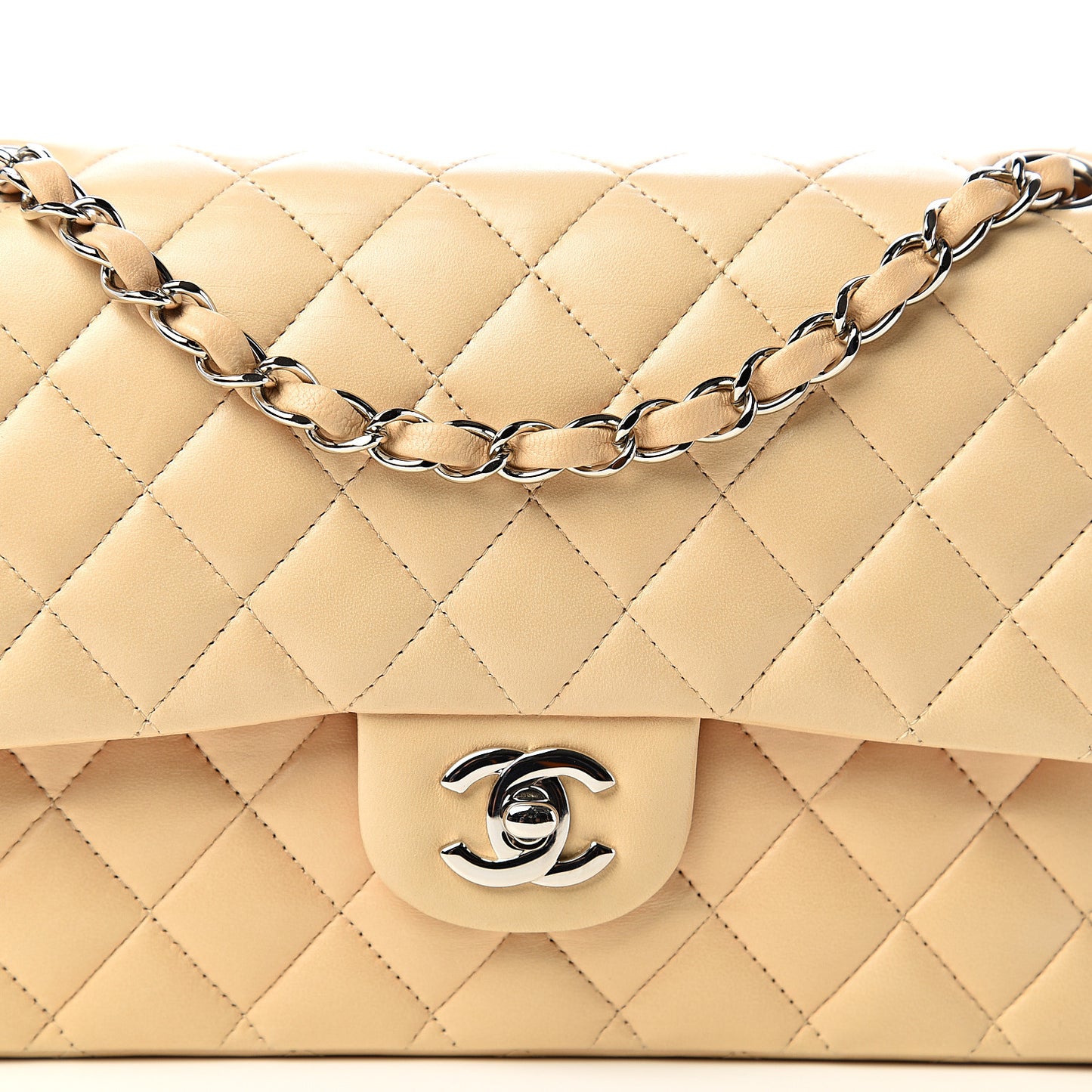 Lambskin Quilted Medium Double Flap Beige Clair