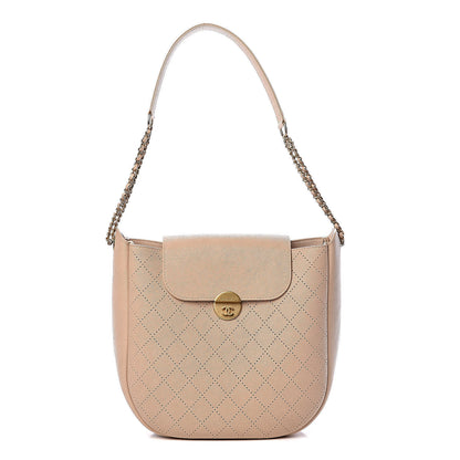 Chanel Grained Calfskin Perforated Small Flap Hobo Beige 1 of 10