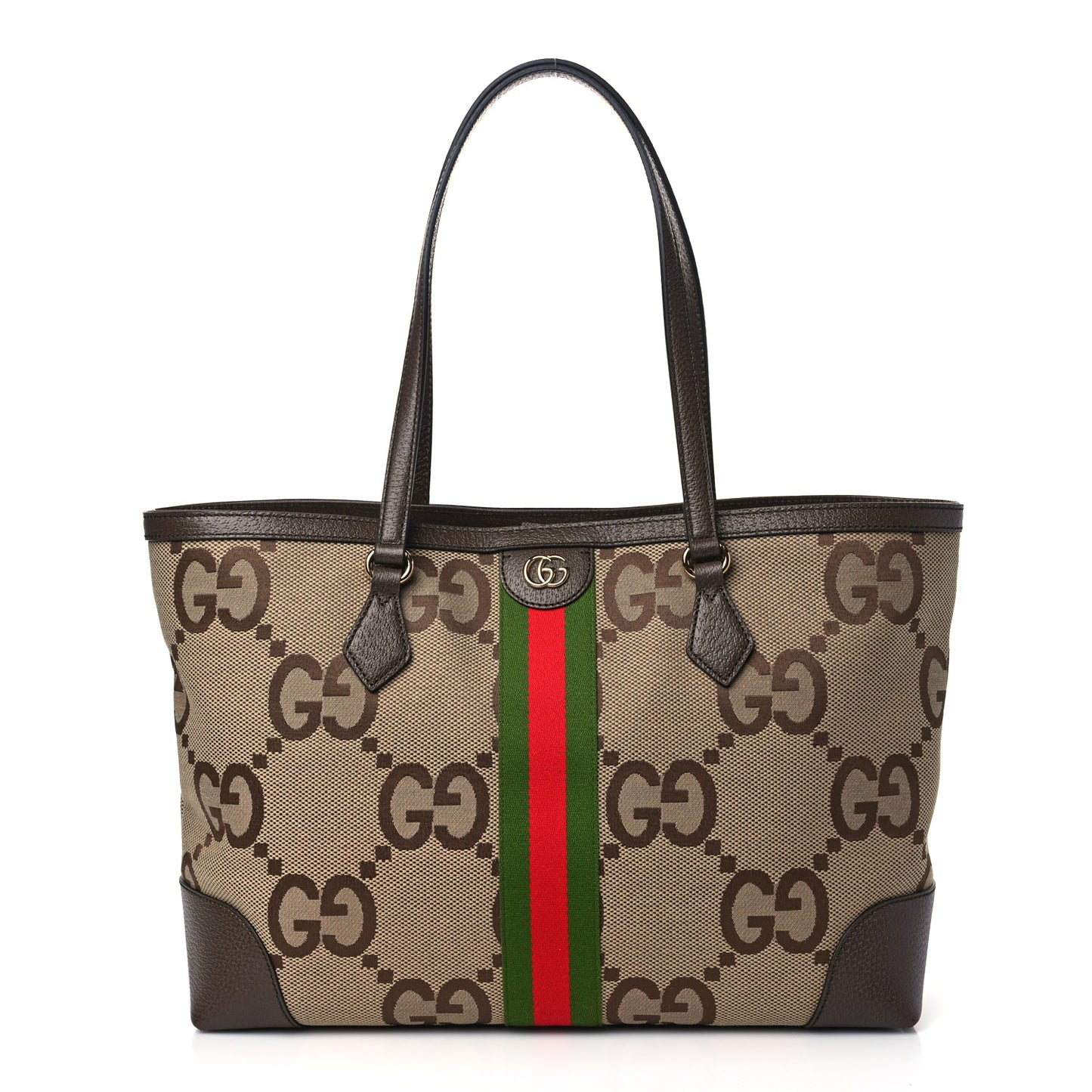 Monogram Jumbo GG Textured Dollar Calfskin Web Medium Ophidia Shopping Tote Camel Ebony