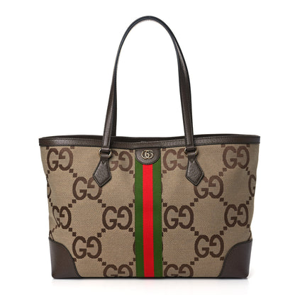 Gucci Monogram Jumbo GG Textured Dollar Calfskin Web Medium Ophidia Shopping Tote Camel Ebony 1 of 9