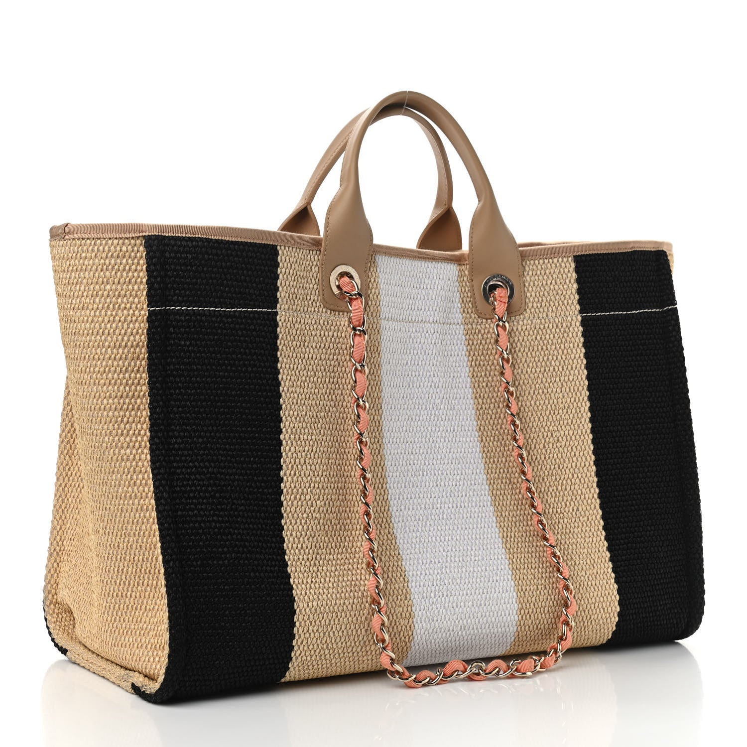 Chanel Straw Raffia Calfskin Striped Large Deauville Tote Black Beige Ivory 3 of 9