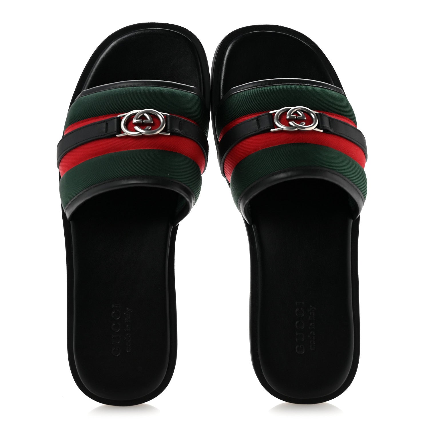 Gucci Nylon Calfskin Web Interlocking G Maverik Slide Sandals 12 Black Green Red 2 of 9