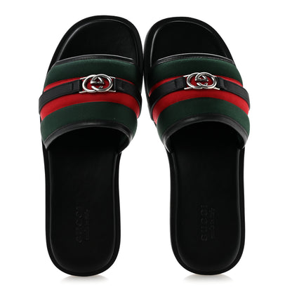 Gucci Nylon Calfskin Web Interlocking G Maverik Slide Sandals 12 Black Green Red 2 of 9