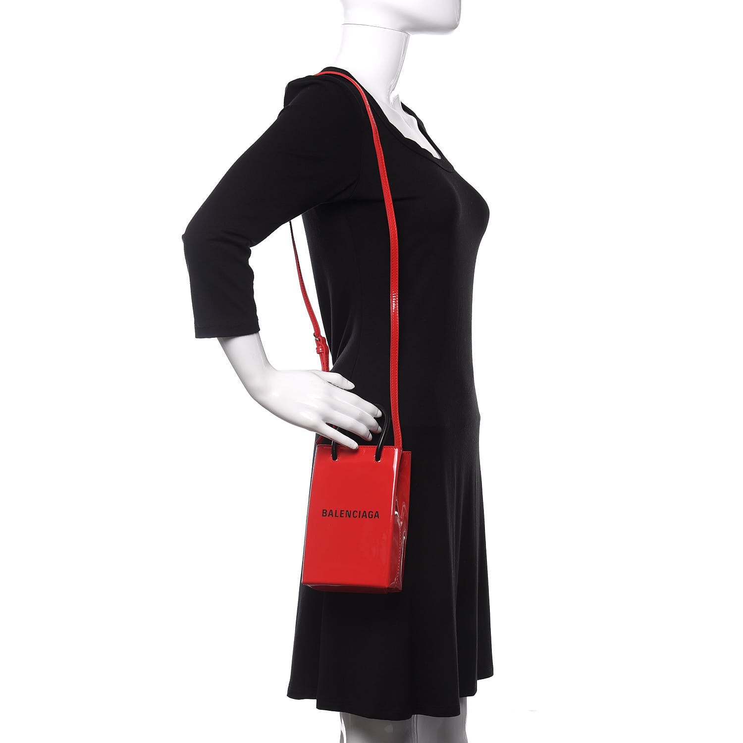 Balenciaga Patent Calfskin Logo Shopping Phone Holder Bag Bright Red 2 of 8