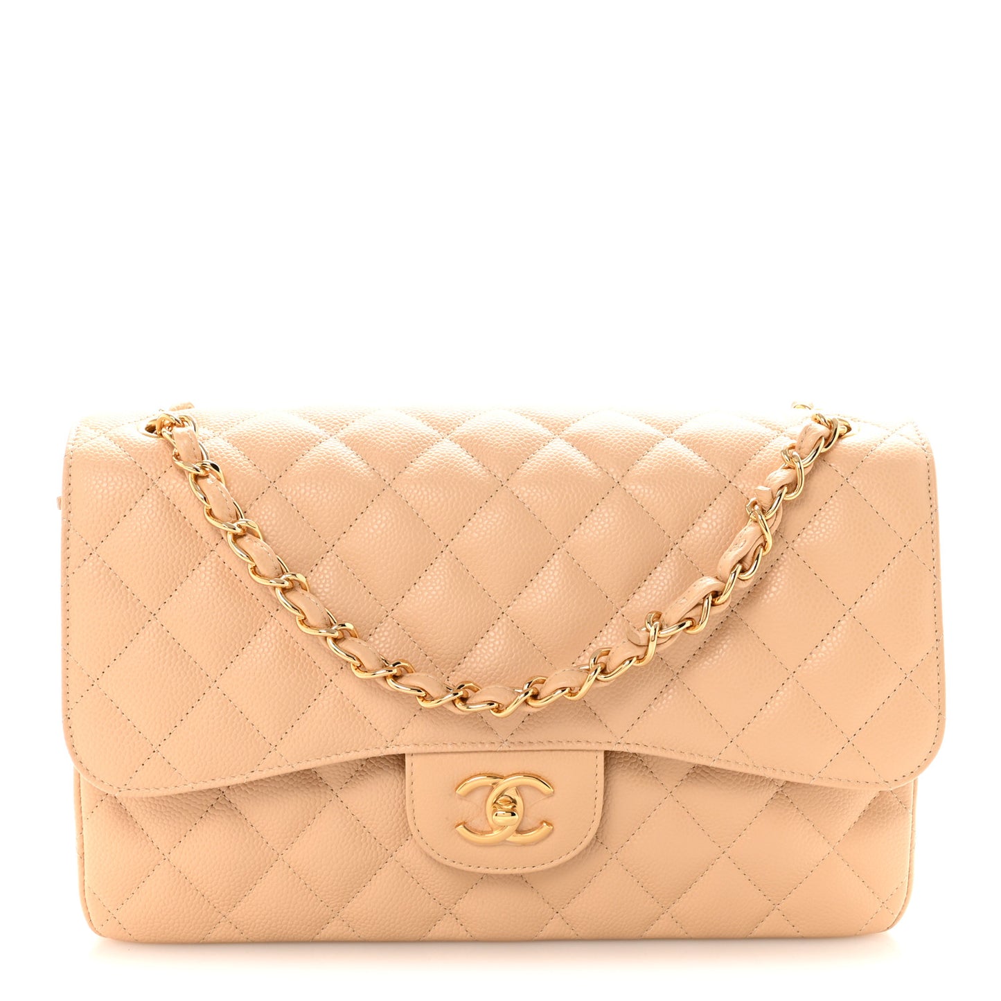 Caviar Quilted Jumbo Double Flap Beige