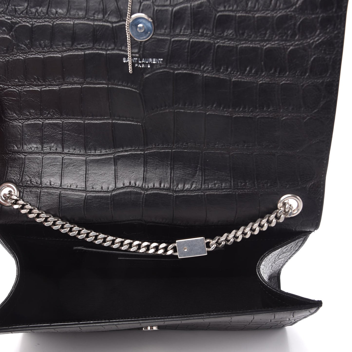 Calfskin Crocodile Embossed Medium Classic Monogram Kate Tassel Satchel Black