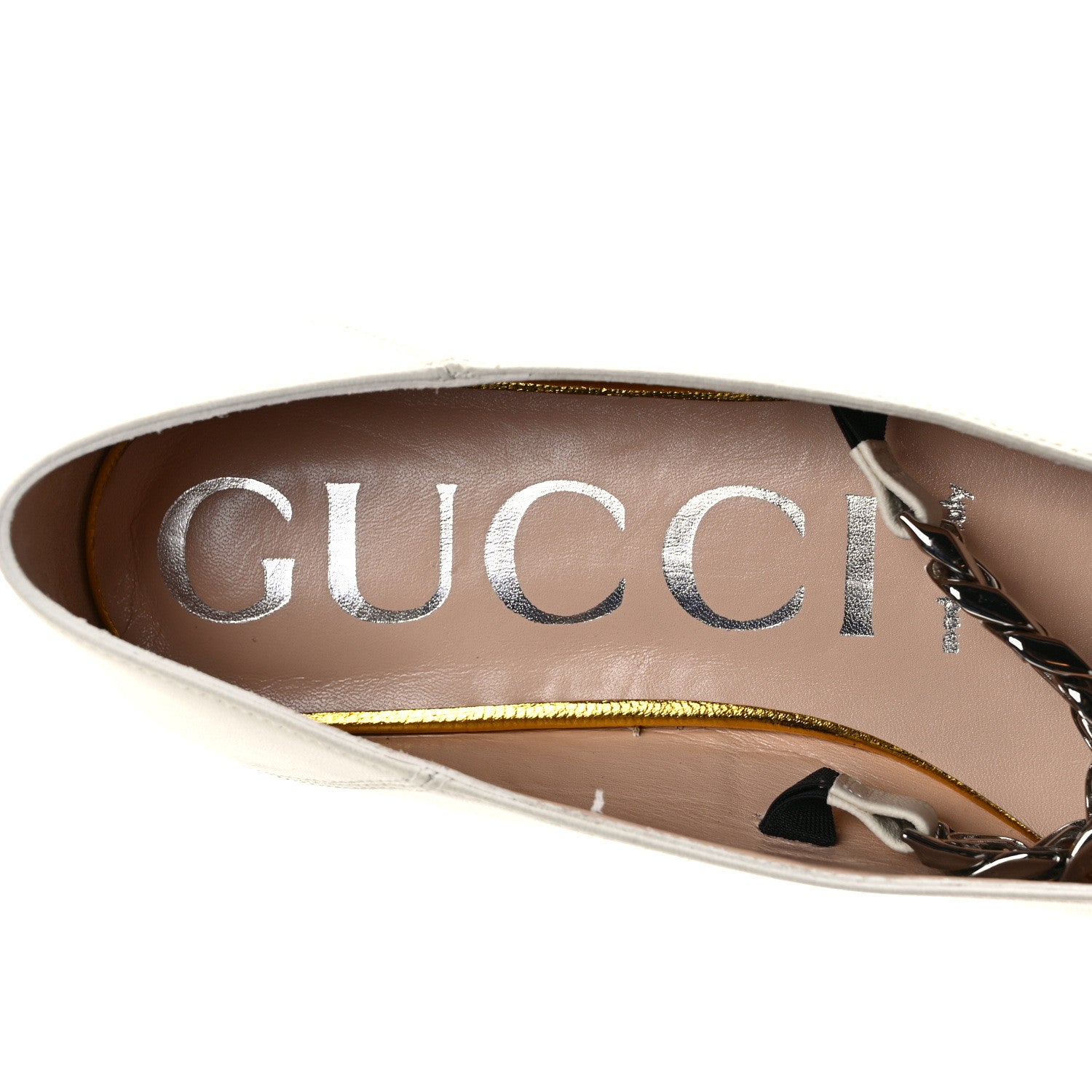 Gucci Nappa Lumiere Deva Horsebit Chain Embellished Flats 35.5 Dusty White 7 of 10