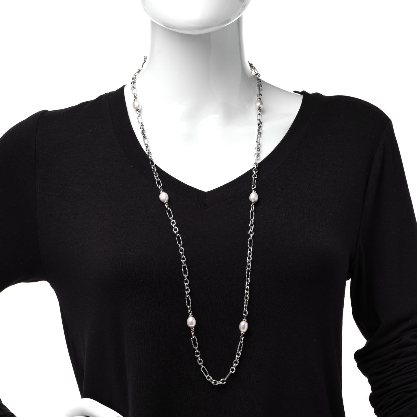 Sterling Silver 18K Yellow Gold Baroque Pearl Long Figaro Chain Necklace